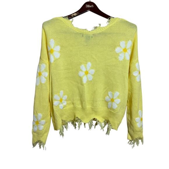 Just Polly Women's Size L Daisy-Print Destructed Sweater Yellow Oversized Floral - Picture 2 of 7